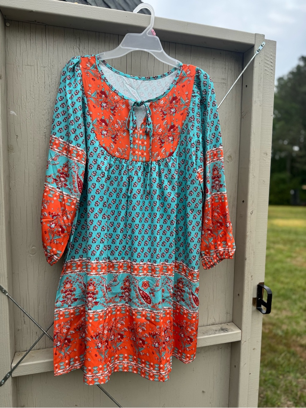 Boho Tie-Neck Tunic Dress in Aqua & Orange